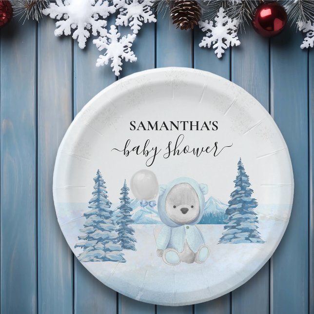 Baby Teddy Bear Christmas Winter Blue Paper Plates (Creator Uploaded)