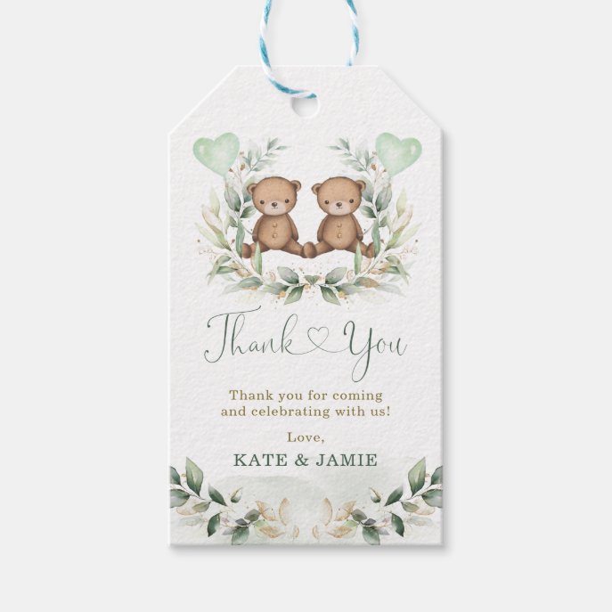 Baby Teddy Bear Twins Greenery Gold Eucalyptus Gift Tags