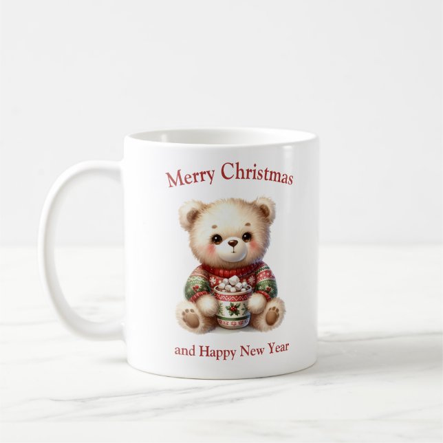 Baby teddy bear with hot Christmas cacao Coffee Mug (Left)
