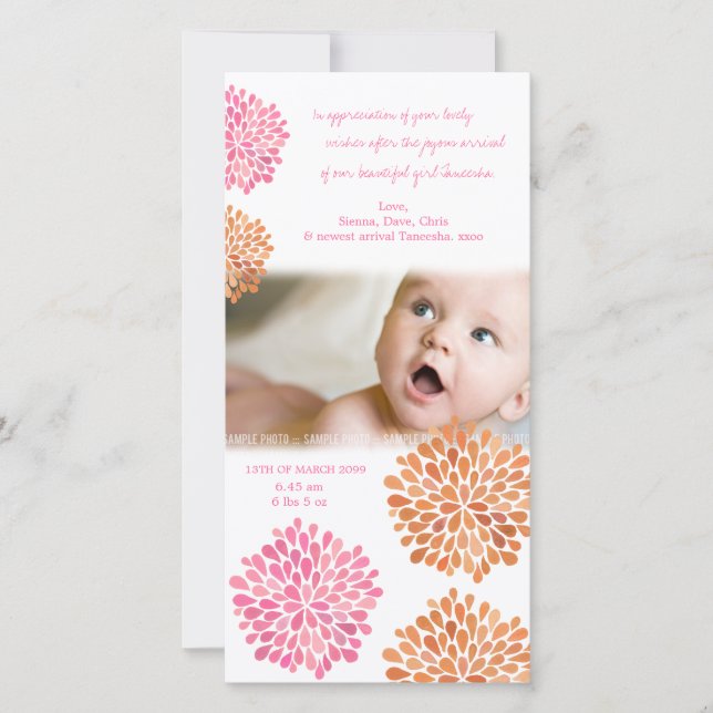 Baby Thank You Card Pink & Orange Flowers (Front)