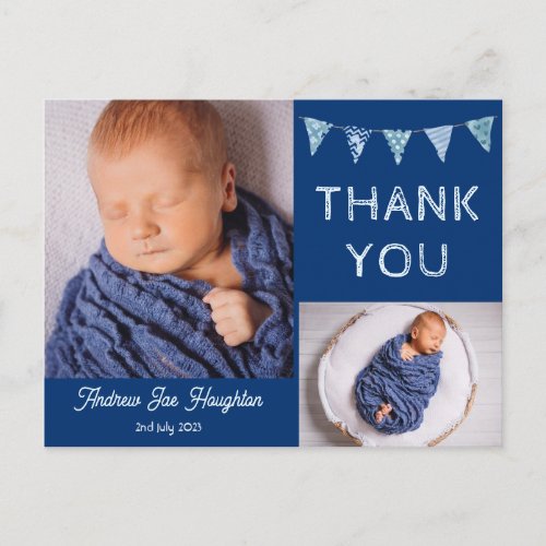 Baby thank you card with photos blue bunting