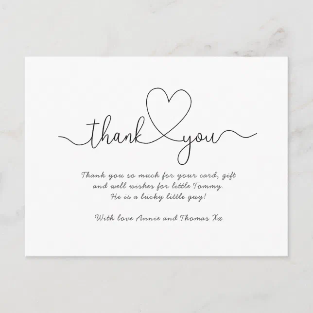 Baby thank you cards, script font thank you postcard | Zazzle