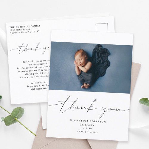 Baby Thank you Shower Modern Calligraphy Photo  Announcement Postcard