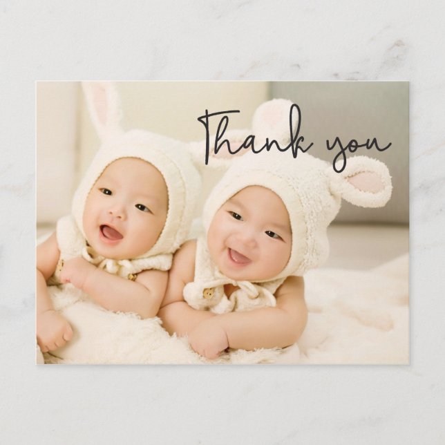 Baby, Thank You, Twin Birth Announcement, Script Postcard (Front)