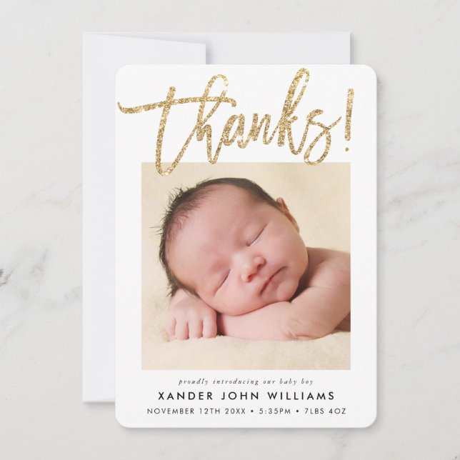 BABY THANKS modern minimal gold glitter baby photo Thank You Card (Front)