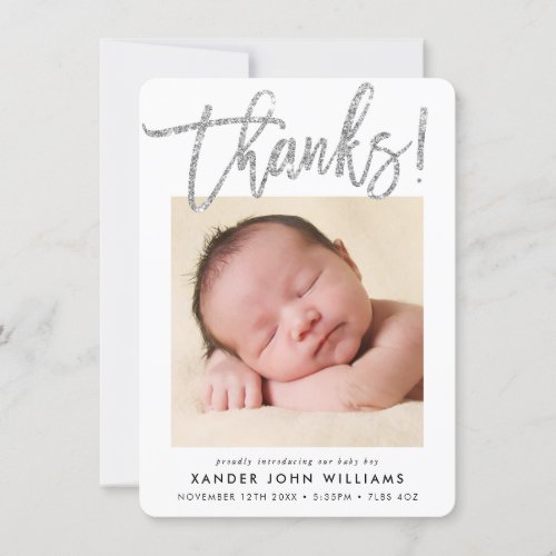 BABY THANKS modern minimal script baby photo Thank You Card