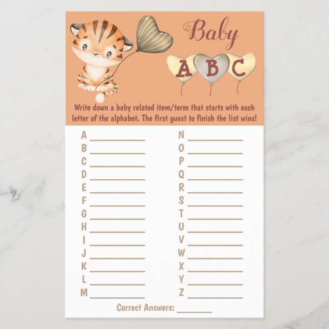 Baby Tiger | ABC Baby Shower Game Card Flyer (Front)