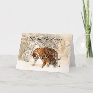 Baby tiger and Tiger mom in a snowy forest Holiday Card
