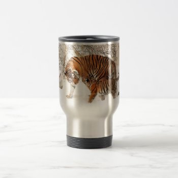 Baby Tiger And Tiger Mom In A Snowy Forest Travel Mug by storechichi at Zazzle