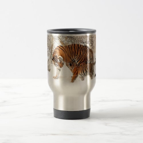 Baby tiger and Tiger mom in a snowy forest Travel Mug