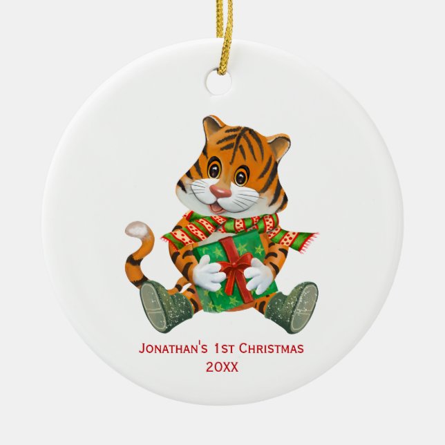 Baby Tiger Baby's 1st Christmas Photo Ceramic Ornament (Front)