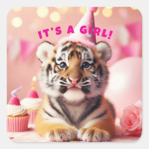 Baby Tiger Cute Baby Reveal Girl Pink Square Sticker