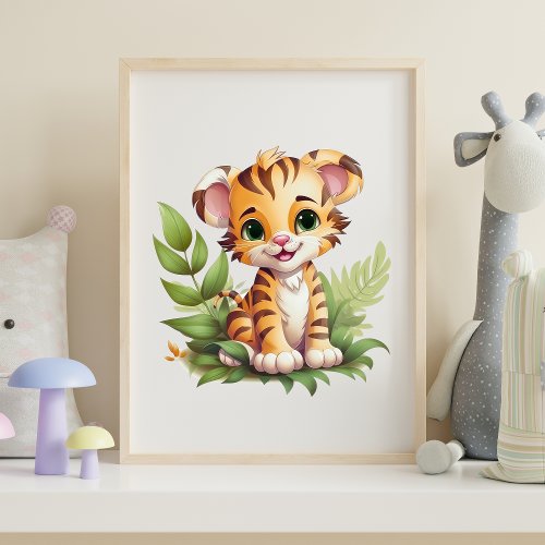 Baby Tiger Jungle Leaves Nursery Wall Art 