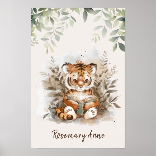 Baby Tiger Reading Books Nursery Jungle Animal  Poster