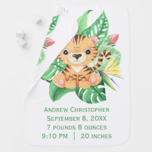 Baby Tiger Tropical Flowers Birth Stats Baby Blank Blanket