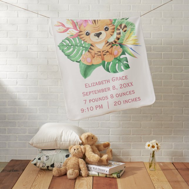 Baby Tiger Tropical Flowers Birth Stats Blanket (In Situ)