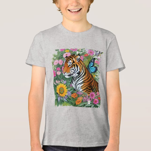 Baby Tiger With Blue Butterfly And Flowers Tri-Blend Shirt (Front)
