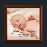 Baby Time Capsule Photo Wood Keepsake Box<br><div class="desc">Baby personalized time capsule wooden keepsake box with baby's name and birthday text field. Replace the photo with your own photo. The time capsule is a fun gift from parents, family or friends. Contents might include personal notes, photos, date-stamped memorabilia, small period pieces, such as personal care items, jewelry or...</div>