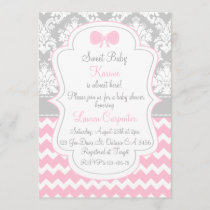 Baby to shower girl invitation pink chevron and