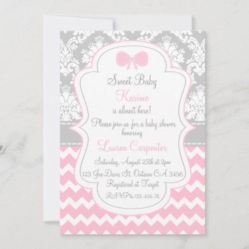 Baby to shower girl invitation pink chevron and