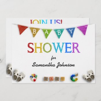 Baby Toys And Bright Colors Bunting Baby Shower Invitation by csinvitations at Zazzle