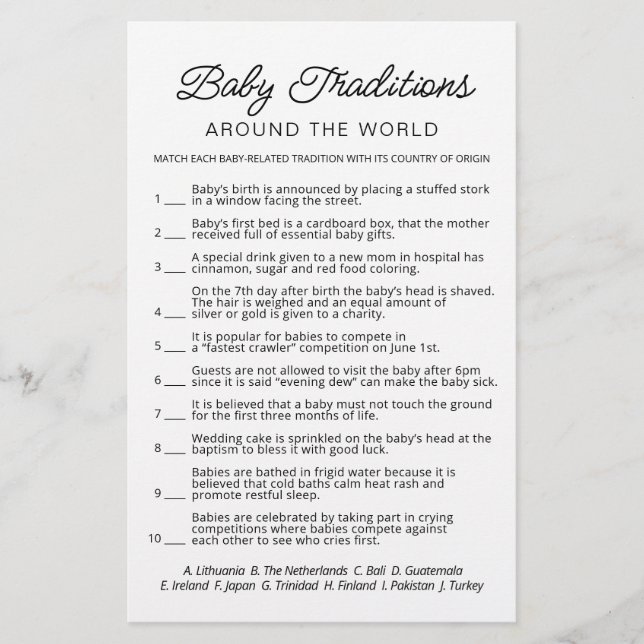 Baby Traditions game Baby Shower party game (Front)