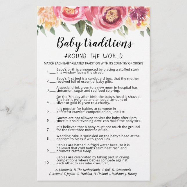 Baby Traditions game Baby Shower party game  (Front)