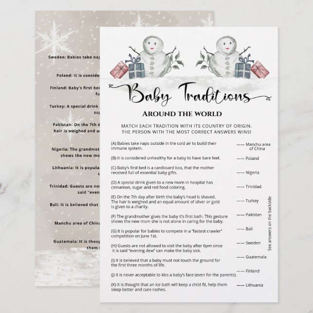 Baby Traditions Snowman Baby Shower Game (Front/Back)