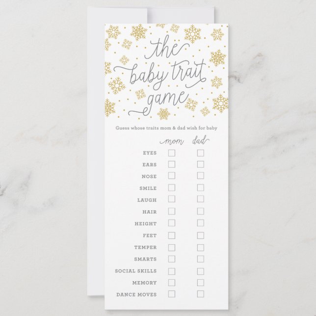 Baby Trait Gold Snowflake Baby Shower Game Card (Front)