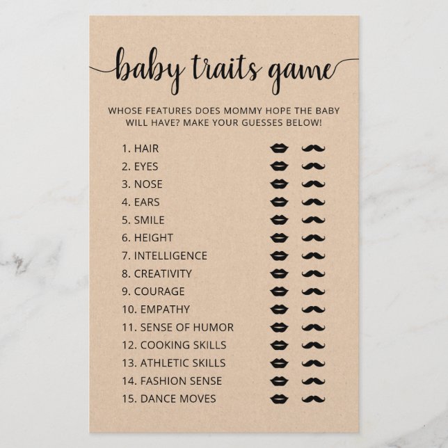 Baby traits game Baby Shower party Game card (Front)