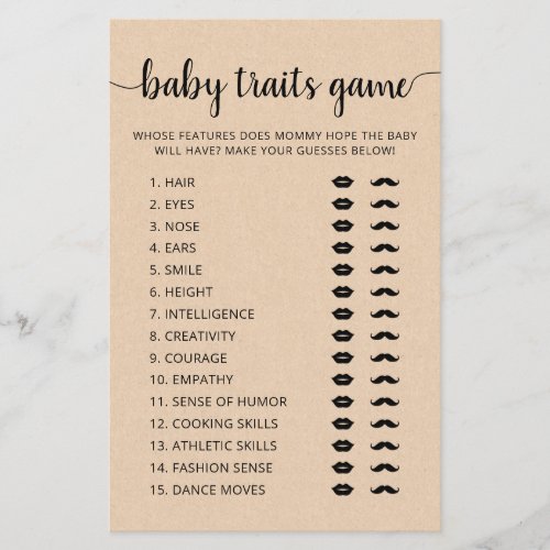 Baby traits game Baby Shower party Game card