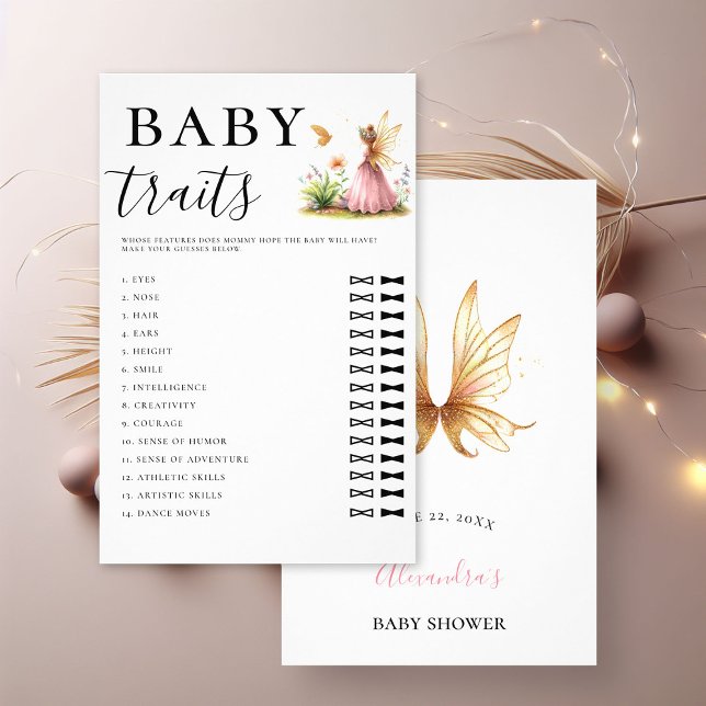 Baby Traits Guess Game Girl Shower Fairy Princess Flyer (baby girl shower guess traits game fairy princess pink gold lgbt)