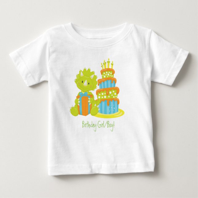 Baby Triceratops Dinosaur & Birthday Cake Baby T-Shirt (Front)