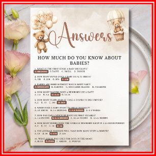 BABY TRIVIA & ANSWERS Baby Shower Game Cute Bear Invitation
