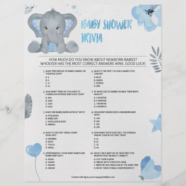 Baby Trivia [Baby Elephant [Blue] Letterhead (Front)