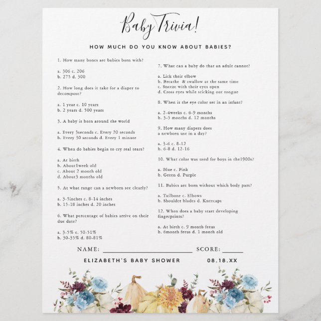 Baby Trivia | Baby Shower Game (Front)