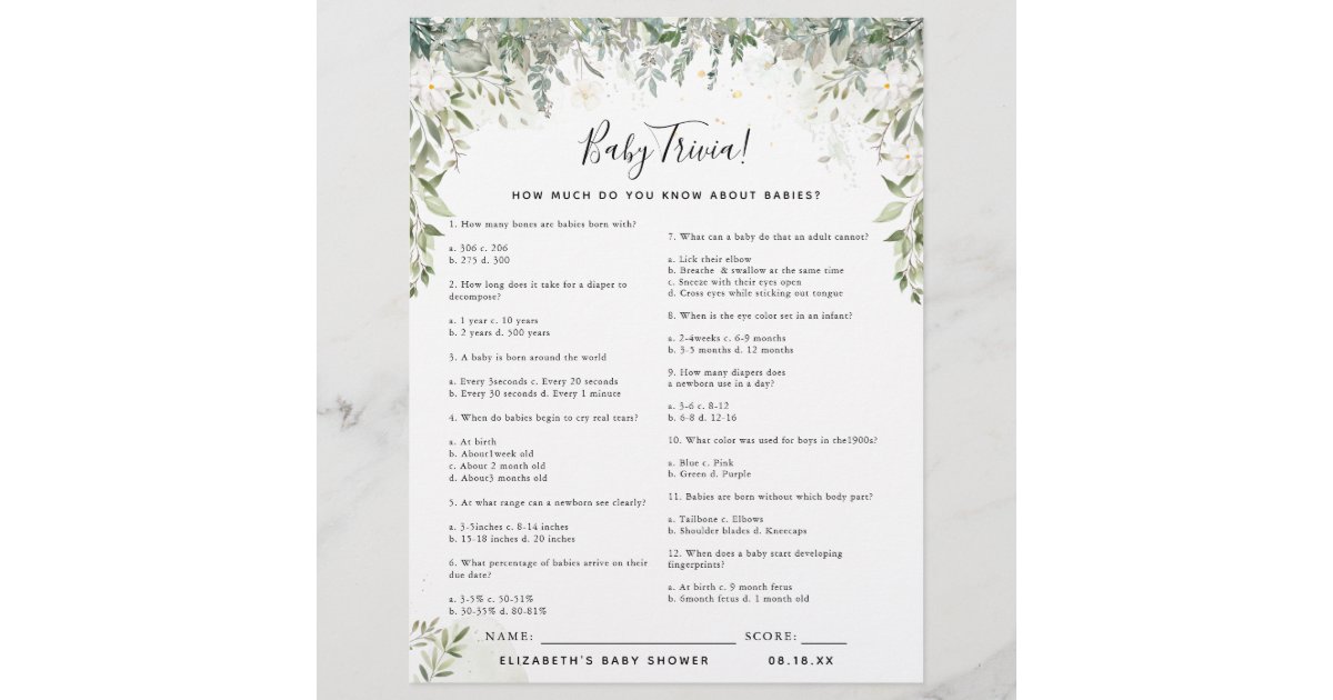 Baby Trivia, Baby Shower Game