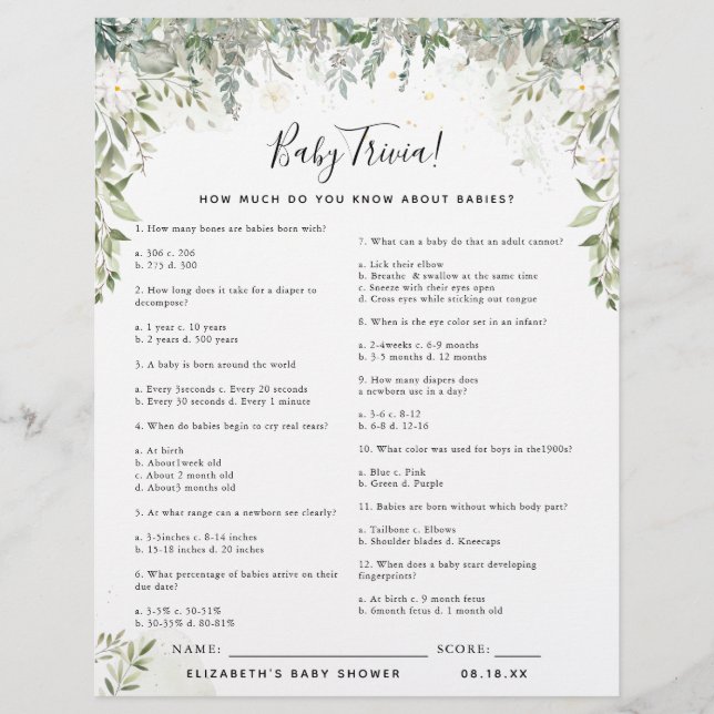Baby Trivia | Baby Shower Game (Front)