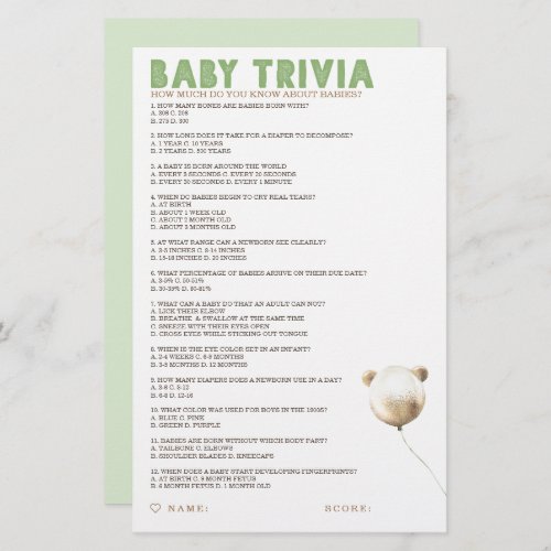 Baby Trivia Baby Shower Game