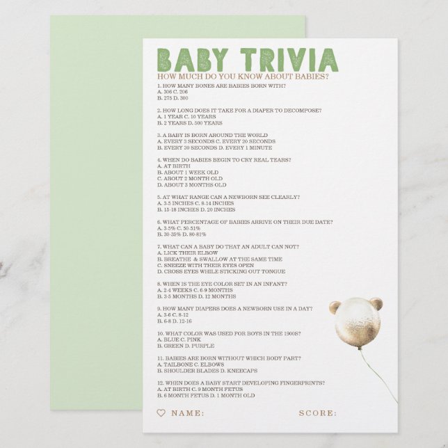 Baby Trivia Baby Shower Game (Front/Back)
