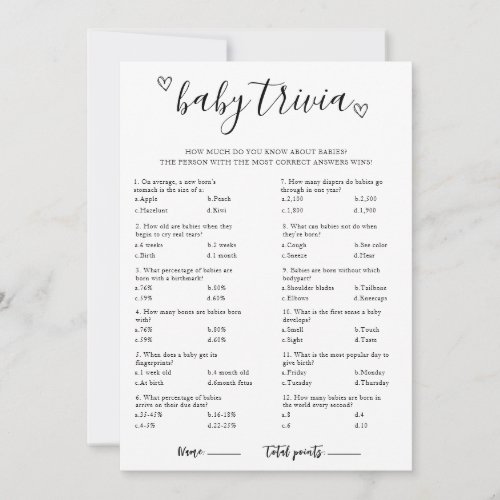  Baby Trivia Baby Shower Game Card