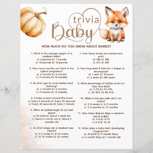 Baby Trivia Baby Shower Game Pumpkin Animal Theme