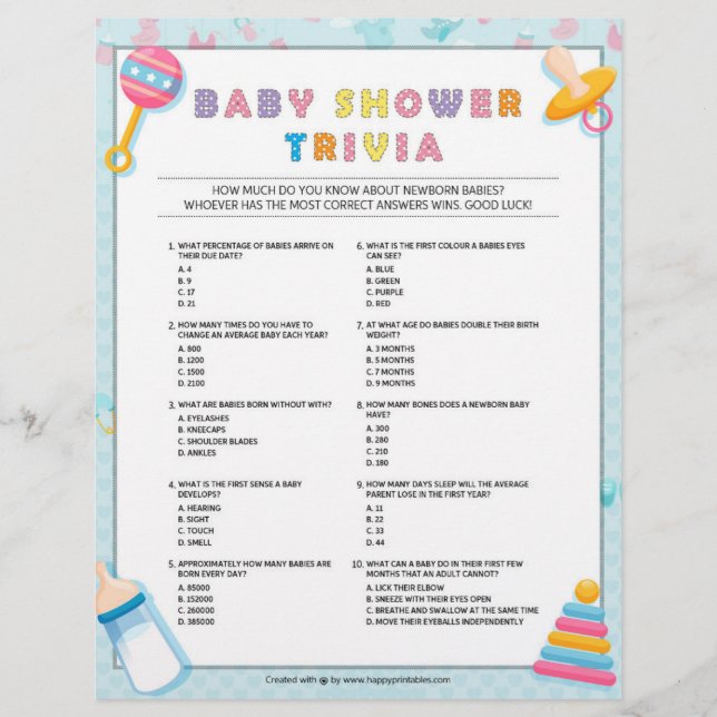 Baby Trivia Baby Shower Games [Baby Basics Blue] Letterhead (Front)
