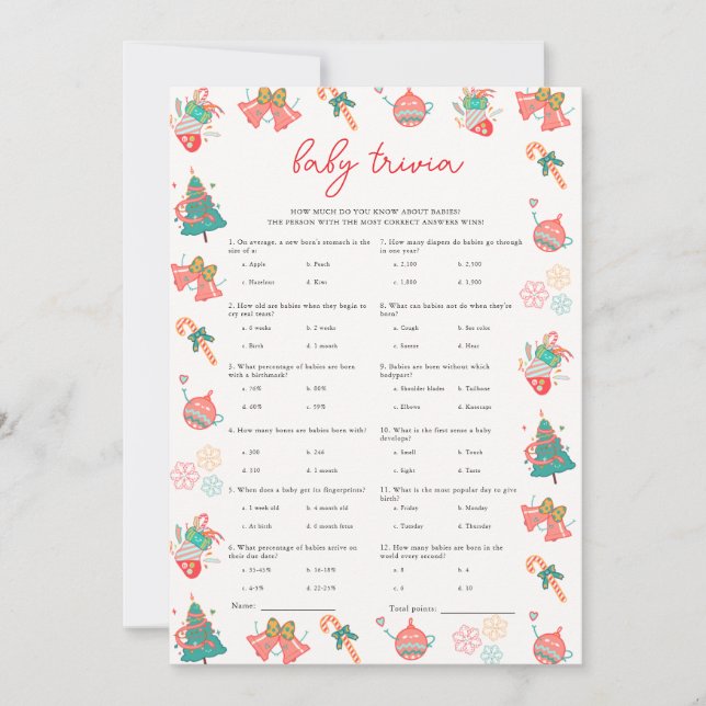 Baby Trivia Christmas Baby Shower Game Card (Front)