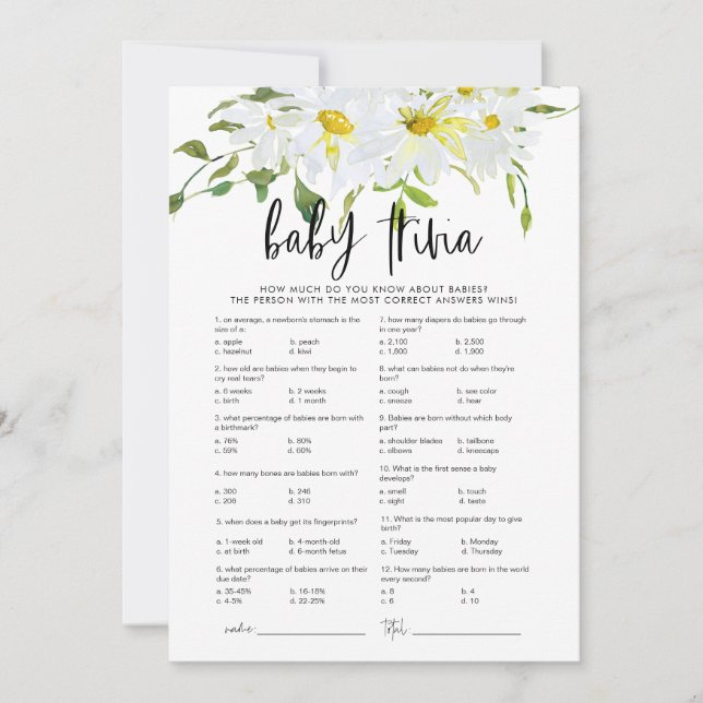 Baby Trivia Daisy Baby Shower floral game card (Front)