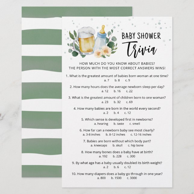 Baby Trivia Game Greenery Baby Is Brewing party (Front/Back)