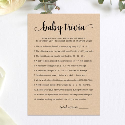 Baby Trivia Game with Answers Baby Shower Card
