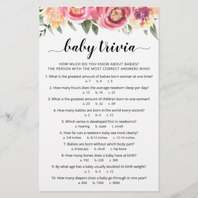 Baby Trivia Game with Answers Baby Shower party (Front)