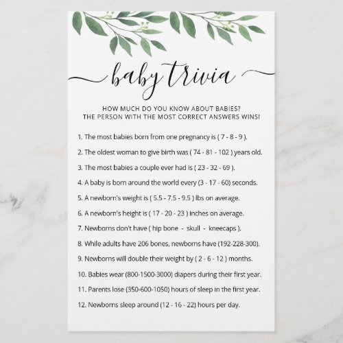 Baby Trivia Game with Answers Baby Shower party