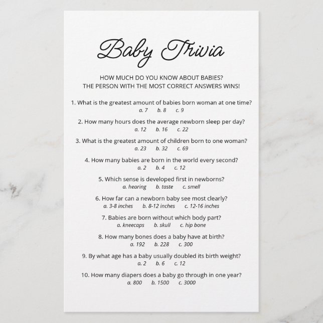 Baby Trivia Game with Answers Baby Shower party (Front)